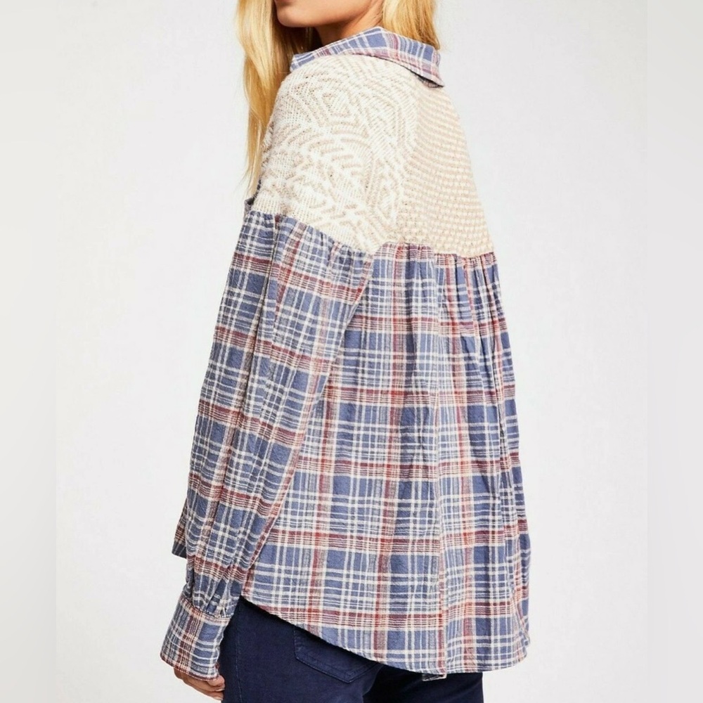 FREE PEOPLE Fireside Nights Plaid & Knit Long Sleeve Blouse Cloudy Combo Size S - Picture 4 of 15